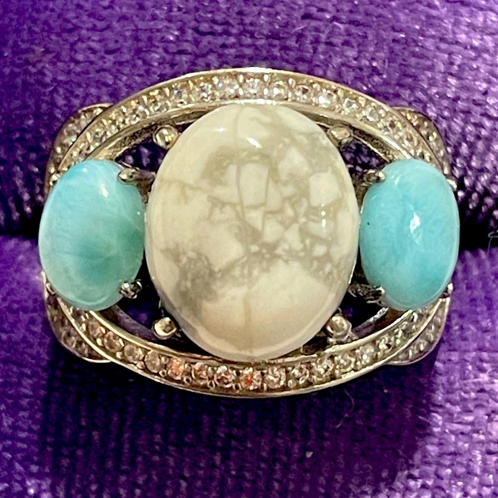 Imported 925 Genuine Natural Howlite Cabochon & Larimar Sz6 NWT